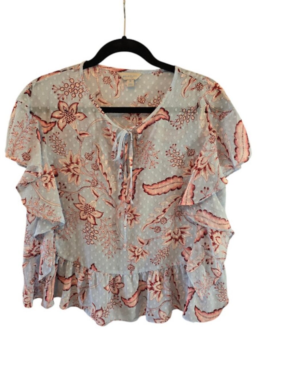 Floral print chiffon blouse sheer Belle & Sky size medium ruffle keyhole tie